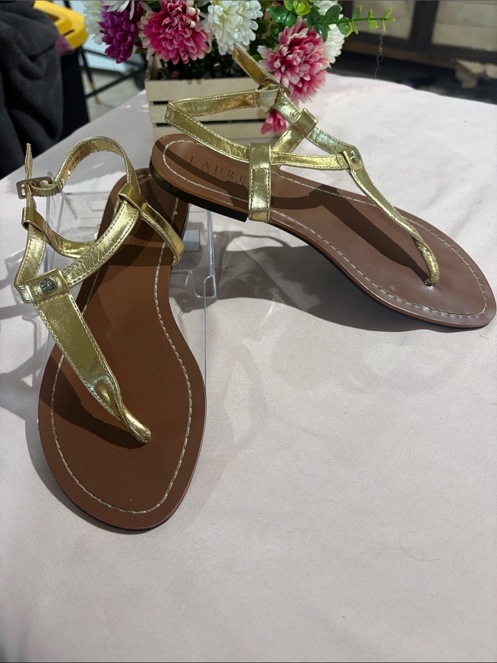 Ralph Lauren Gold Metallic T-Strap Sandals